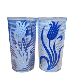 Vintage‎ Hazel Atlas Blue White Tulips Tumbler Glasses Set of 2 Retro Drinkware